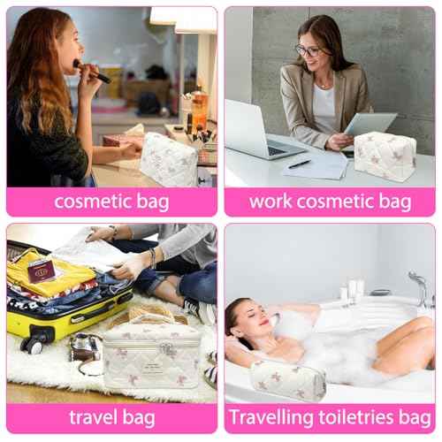 Quilted Makeup Bag, Large Capacity Travel Cosmetic Bag for Women and Girls, Aesthetic Storage for Daily and Travel Use (4pcs-pinkbow)