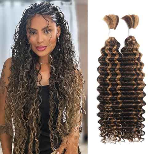 4/30 Human Braiding Hair Deep Wave Bulk Human Hair for Braiding Bohemian Knotless 2 Bundles 100g 22inch No Weft 10A Brazilian Virgin Human Hair Extensions Curly Bulk Human Hair for Boho Braids