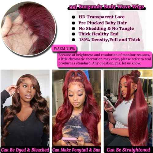 99j Burgundy Body Wave 13x4 Lace Front Wigs Red HD Transparent Lace Frontal Wigs Human Hair Pre Plucked with Baby Hair 22 inches Wine Red Colored Body Wave Wigs for Women Full and Thick 220% Density