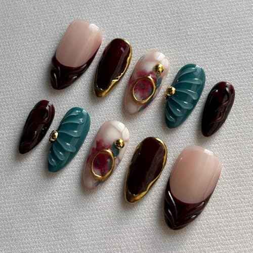 Fall Press On Nails - Handmade GEL Medium Length Almond Fake Nails, Brown Rendering Painting Design, Reusable Artificial Almond False Nails for Women 10 Pcs Acrylic Nails Kit (Size S)