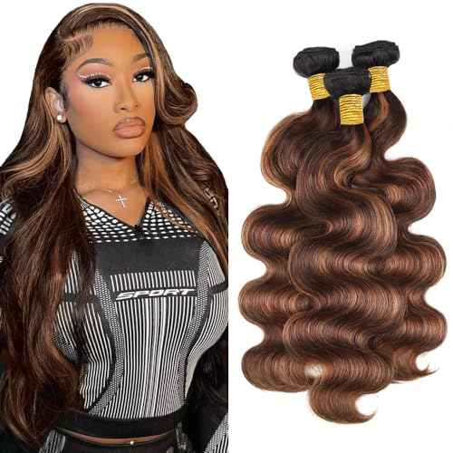 Highlight Human Hair Bundles Light Brown Body Wave Bundle 18 20 22 Inch Color 30 Human Hair Unprocessed Virgin Hair 3 Bundles