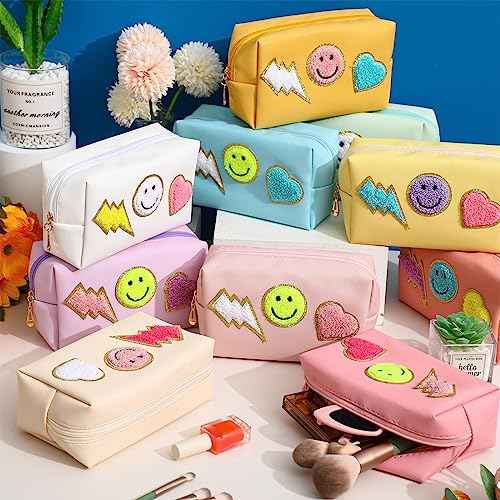 Sanwuta 20 Pcs Preppy Patch Makeup Bag Bulk PU Leather Cosmetic Bags Chenille Letters Organizer Smile Lightning Heart Toiletry Pouch Waterproof Zipper Purse End of the Year Teacher Gifts for Women