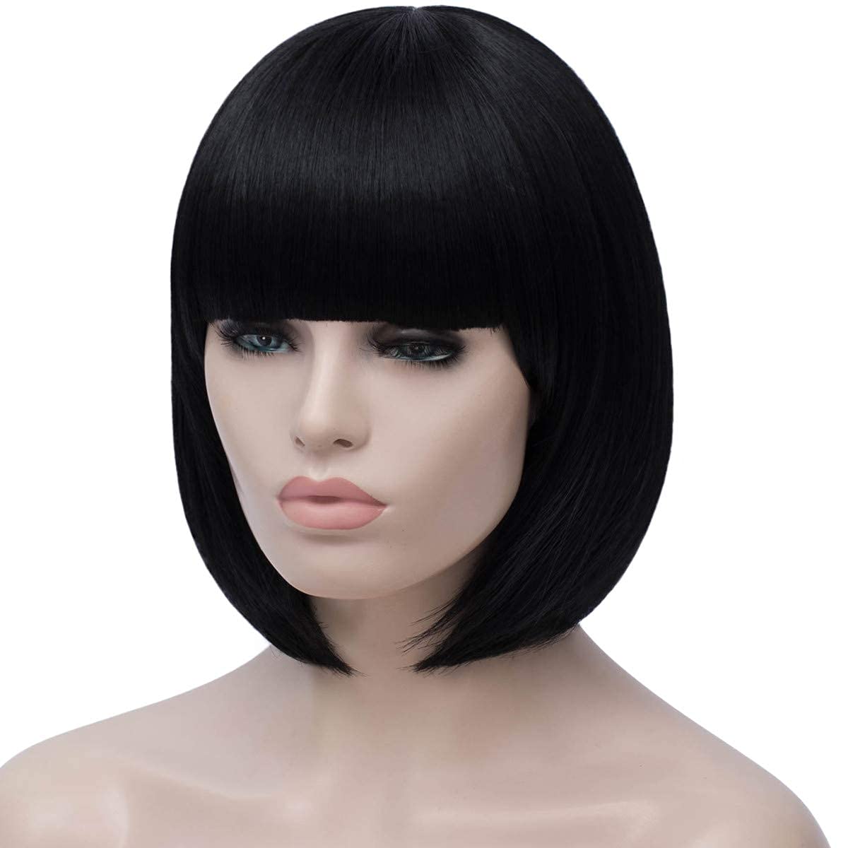 Bopocoko Black Bob Wigs for Women, 12'' Short Black Hair Wig with Bangs, Natural Fashion Synthetic Wig, Cute Colored Wigs for Daily Party Halloween BU027BK