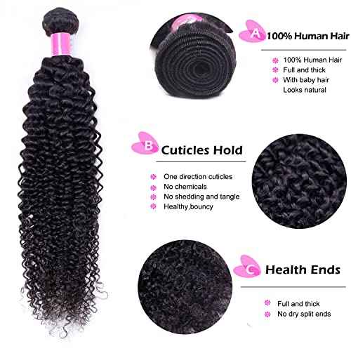 Kinky Curly Bundles and Closure Brazilian Human Hair Bundles with Closure Unprocessed Virgin 3 Bundles with 4x4 Lace Closure(14 16 18+12) Natural Color