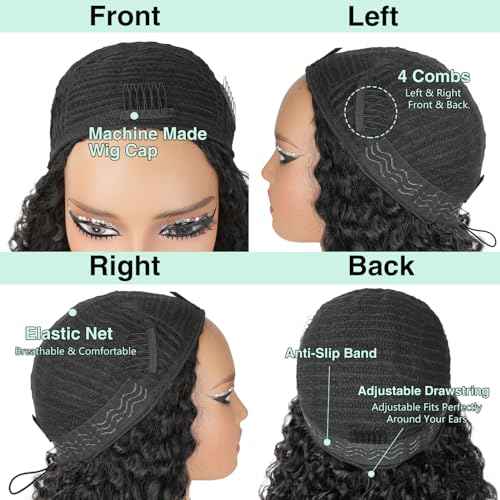 Burmese Curly Half Wigs Human Hair with Drawstring And Spiral End,200% Density Wear And Go Glueless Wigs Curly 3 In 1 Half Wig for Women,Wet And Wavy Water Wave Human Hair,Natural Black(20 Inch)