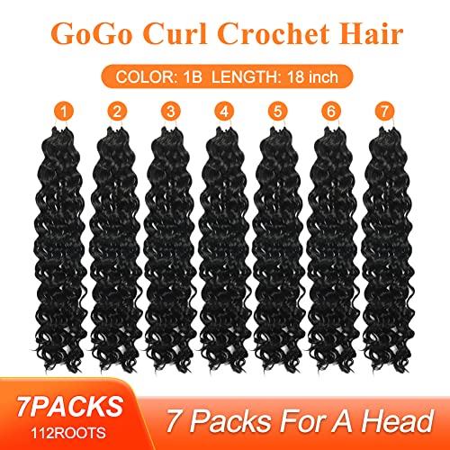 GoGo Curl Crochet Hair 18 Inch Water Wave Crochet Hair 7 Packs Curly Crochet Hair Beach Curl Hair for Black Women Ocean Wave Crochet Hair Synthetic GoGo Curly Braiding Hair Extensions(18inch 1B)