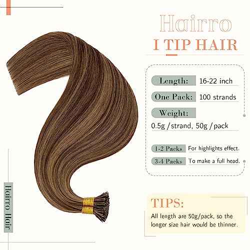 Hairro I Tip Human Hair Extensions Pre Bonded Fusion Hair Tipped Remy Hair Pieces Silky Straight Microlink Itip Keratin Stick Hairpieces For Women 22" 100 Strands 50g #4P27 Medium Brown&Dark Blonde