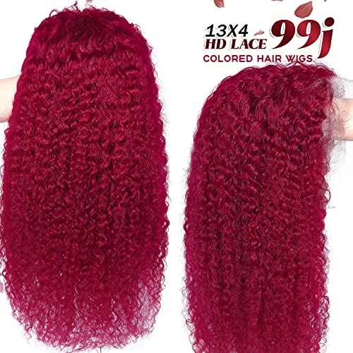 Curly Burgundy Lace Front Wigs Human Hair 13x4 99J Red Curly Lace Front Wig Human Hair 180% Density HD Transparent Frontal Wig Colored Pre Plucked with Baby Hair Glueless Wigs (20 Inch, #99J Curly)