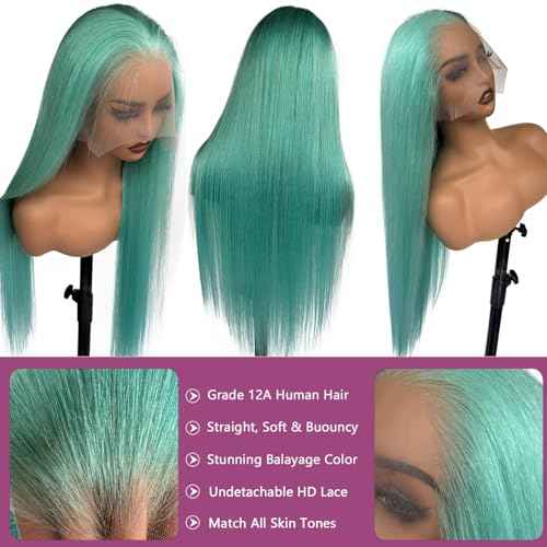 Ubetta Glueless Transparent 13x6 Lace Front Wigs Human Hair Pre Plucked 18 Inch Colored Aquea Blue Wig Human Hair 180% Density HD Straight Lace Front Wigs for Women