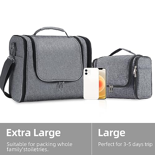 Buruis Extra Large Capacity Toiletry Bag for Women and Men, Hanging Toiletry Organizer Cosmetics Makeup Bag, Water-resistant Dopp Kit for Full Sized Toiletries, Travel Essentials (Oxford Gray)