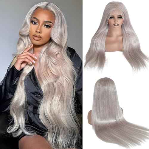 13x6 Grey Straight Lace front Wigs Human Hair 26in for Black Women Gray HD Lace Glueless Pre Plucked 180% Density Brazilian Virgin Human Hair 26in