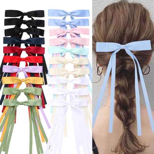 20Pcs Hair Bows for Women Girls,Satin Ribbon Hair Bows with Long Tail, Bowknot Tassel Claw Hair Clip for Women, Hair Barrettes with Bow Accessories (20 Color mixing)