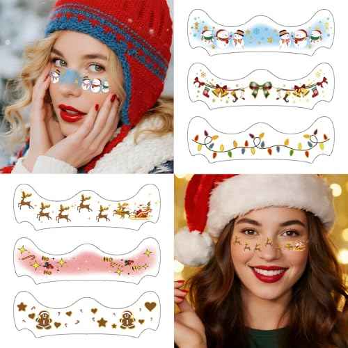 12 Pairs Christmas Face Makeup Patches, Xmas Tree Santa Claus Eyeliner Stickers Decals Snowman Small bell Temporary Tattoo for Women Girls Fake Tattoos, Christmas Stocking Stuffers Party Supplies