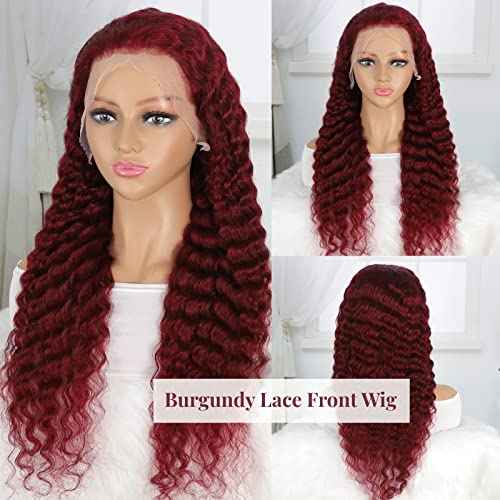 24 Inch Burgundy Wig Human Hair Deep Wave Lace Front Wigs for Black Women Glueless 13x4 HD Transparent Lace Frontal Curly Wigs Pre Plucked Bleach Knots with Baby Hair 99J Colored Wigs