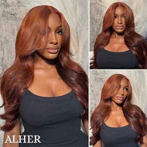 ALHER 33 Reddish Brown Body Wave Long Deep Part 2x6 Lace Closure, Copper Brown Colored 2x6 Kim K Closure Pre Plucked with Baby Hair, 12A 100% Brazilian Virgin Remy Human Hair for Black Women 14 Inch