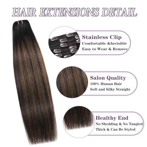 Clip in Hair Extensions Real Human Hair 20 Inch Soft Human Hair Clip in Extensions Straight Clip ins Extensions for Women #2/6/2 Balayage Dark Brown to Chestnut Brown 85g 7Pcs Easy to Styling