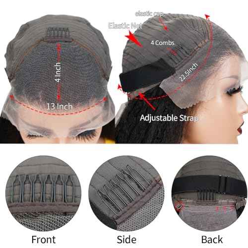 Kinky Straight Wig 20 Inch 180% Density Yaki Straight Human Hair Wig With Pre-Plucked Hairline & Adjustable Straps,Natural Black 13x4 Lace Front Wigs Human Hair For Black Women