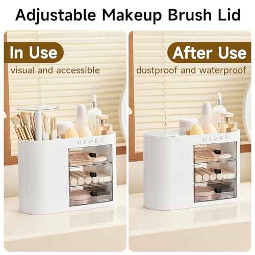 Makeup Organizer with Pop-Up Brush Holder for Dresser Vanity, Plastic Bathroom Counter Organizer with 3 Drawers & Dust-Proof Cover, Cosmetic Display Case for Lipstick, Skincare, White