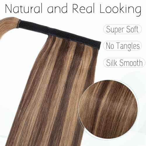 S-noilite Wrap Around Ponytail Extension Human Hair #4P27 Medium Brown Mix Dark Blonde Ponytail Extensions Real Remy Hair 22inch Long Straight Clip in Human Hair Ponytail 95Grams