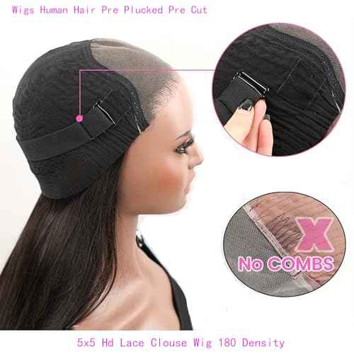 5x5 Hd Lace Closure Wigs Human Hair 26 Inch Glueless Wigs Human Hair Pre Plucked Pre Cut Density 200 Wigs Human Hair Glueless Wear and Go