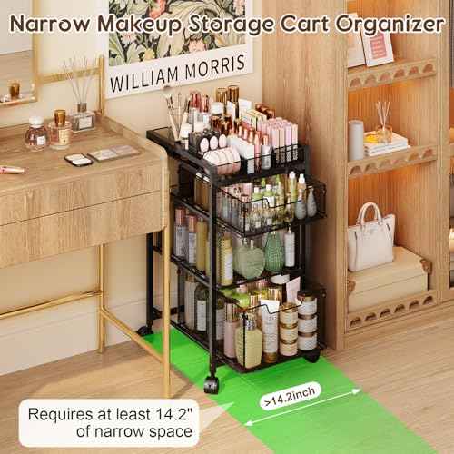 JKsmart Rolling Makeup Cart Organizer with 3 Drawers, Cosmetics Display with Dividers, Floor Skincare Storage with Wheels, Versatile Vanity Organizer for Nail Polish Perfume Brush Hair Tool, Black