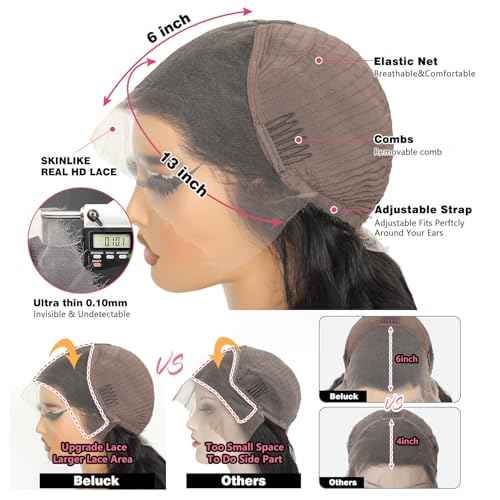 Beluck 14 lnch 13x6 Hd Full Lace Front Wigs Human Hair Pre Plucked Pre Cut, Body Wave Lace Frontal Wigs Human Hair, 15A 3D Dome Cap Ready To Wear Glueless Bleached Knots Lace Front Wig
