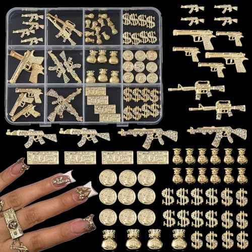 62PCS 3D Nail Charms for Alloy Nails,Set Nail Art Decoration with Gold Dollar, Gun, and Coin,Nail Stones and Jewels Accessories for Nail Supplies Manicure Craft DIY(Gold)