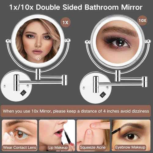 Wall Mounted Lighted Makeup Mirror with Magnification, 8-inch 1X/10X Wall Mount Magnifying Mirror for Bathroom, Touch Dimmable, 360 Degree Swivel, 2-Sided, Extendable Arm