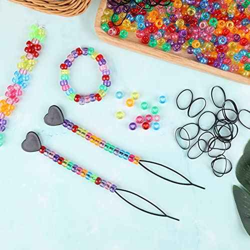 1605pcs Hair Braid Kit Including 600pcs 9x6mm Glitter Pony Beads, 1000pcs Elastic Rubber Bands, and 5pcs Quick Beaders