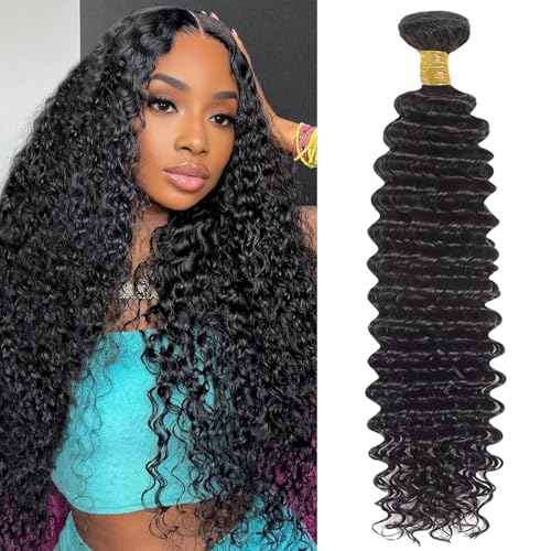 Deep Wave Human Hair Bundles, 20 Inch 13A Deep Wave Bundles Human Hair, Wet and Wavy 100% Brazilian Virgin Quick Weave Curly Single Bundle for Women, Natural Black Color