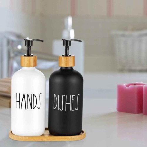 2 Pack Soap Dispenser Bottle with Bamboo Pump Soap Tray 16 Oz Refillable Hand Soap Container Reusable Detergent Bottle Glass Soap Lotion Dispenser Set for Kitchen Bathroom Shampoo