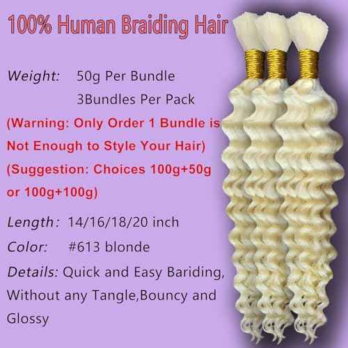 Eileen 613 Blonde human braiding hair 22 Inch 150g 3 Bundles Deep Wave Bulk Human Hair for Braiding Curly Human Hair for Boho Braids Water Wet and Wavy