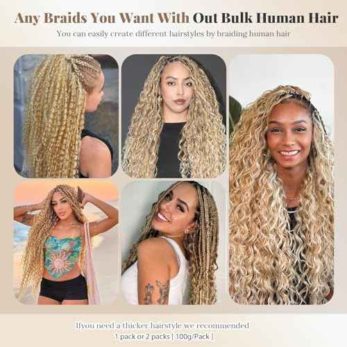 Boho Braids Blonde Human Braiding Hair Deep Water Wave Bulk Human Hair 100g 24 Inch Curly for Boho Braids Hair Extensions No Weft 2 Bundles/Pack for Women Ombre Honey Blonde to Bleached Blonde