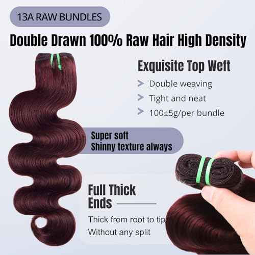 13A Double Drawn 99J Dark Burgundy Human Hair Bundles Body Wave, Double Lifespan Than Regular Bundle Keep Silky & Soft After Washes Colored #99J Wine Single Bundles Raw Hair Quick Weave 10 IN