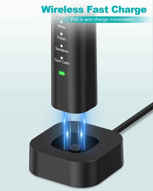 HUACO CARE Sonic Electric Toothbrush,5 Modes 3 Intensities with 2 Minutes Timer,One Charge for 90 Days,Rechargeable Toothbrush,Wireless Charge with 4 Replacement Brush Heads for Adults and Kids Black
