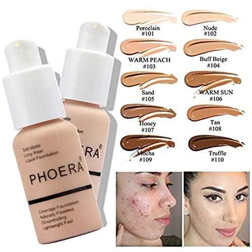 PHOERA Foundation, PHOERA Contour Palette,Shades with Highlighter & Bronzer & Blush,Up to 24 Hour Fresh Wear,PHOERA Concealer Primer Powder (102+ #002 Contour/Nude+#002)