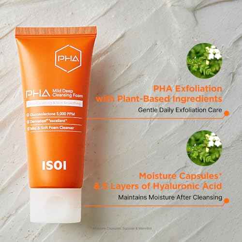 ISOI PHA Mild Deep Cleansing Foam, Gentle Daily Exfoliating Face Cleanser with Hydrating PHA Formula, Deep Cleansing for Sensitive Skin, Korean Skin Care (3.38 fl.oz, 100ml)
