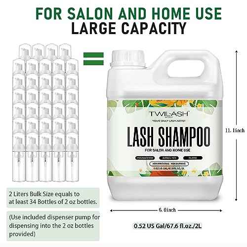 Lash Shampoo Bulk, Eyelash Cleanser for Extensions 2 Liters - 3 Foam Pump Bottles, 3 Lash Cleansing Brushes, Dispenser Pump - Eyelid Foaming Cleanser for Professional Salon and Home Use