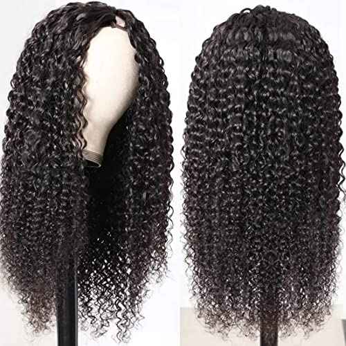 Curly V Part Wig Human Hair Brazilian Virgin Human Hair Wigs for Black Women Upgrade U Part Wigs Glueless Full Head Clip In Half Wig No Leave Out 180% Density Natural Black 20 Inch
