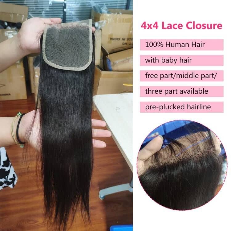 Hd Transparent Straight 4x4 Lace Clsoure Human Hair Pre Plucked With Baby Hair 100% Unprocessed Brazilian Human Virgin Hair Lace Closure For Black Women Free Part Natural Black Color