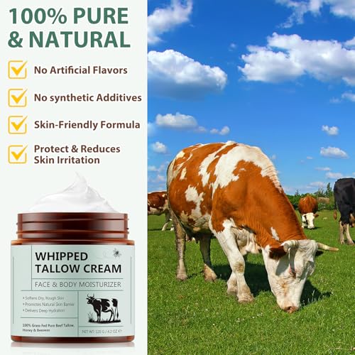 Beef Tallow for Skin - 100% Organic Beef Tallow - Whipped Beef Tallow with Honey - Organic Grass Fed Whipped Beef Tallow Face Cream for Soft, Smooth Skin - Handmade All-Natural Moisturizer