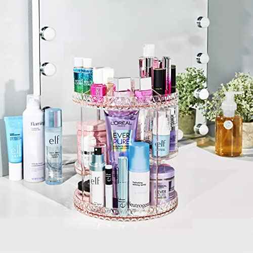 Sorbus 360 Rotating Makeup Organizer - Spinning Acrylic cosmetics organizer, Adjustable Shelves for Make Up, Perfume & Toiletries for Vanity, Bathroom, Bedroom, Closet [Pink]