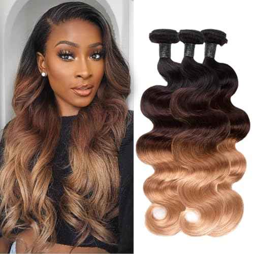 T1B/4/27 Bundles Ombre Human Hair Bundles 12A Unprocessed Virgin Hair 3 Bundles 20 20 20 Inch 3 Tone Brown and Honey Blonde Ombre Wavy Human Hair Bundle Deals for Quick Weave Colored Hair Extensions