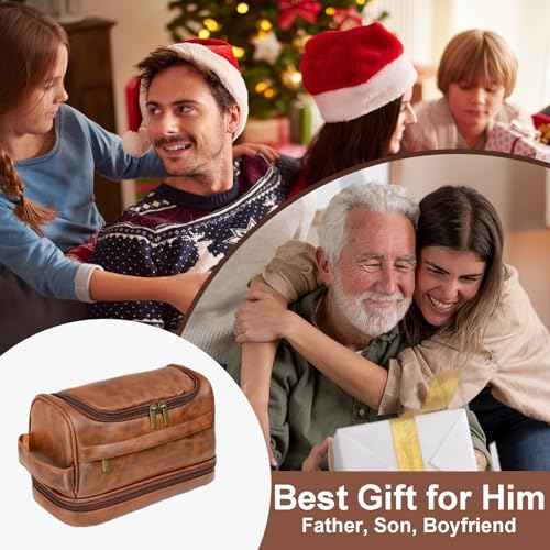 Toiletry Bag for Men, Large Leather Travel Essentials Shaving Kit, Water Resistant Bathroom Toiletries Organizer Cosmetic Bags, Gifts for Men, Him, Father, Dad, Husband, Son, Boyfriend, Grandpa