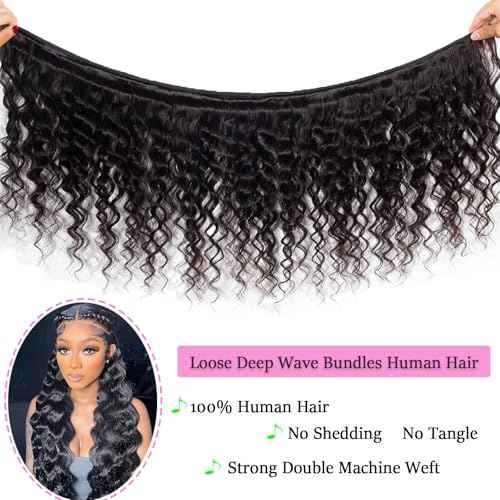 Loose Deep Wave Bundles with Closure Human Hair 100% Unprocessed Brazilian Virgin Hair 3 Bundles with Lace Closure Brazilian Loose Wave Human Hair Bundles (1B#Loose Deep Wave182022+18Free)