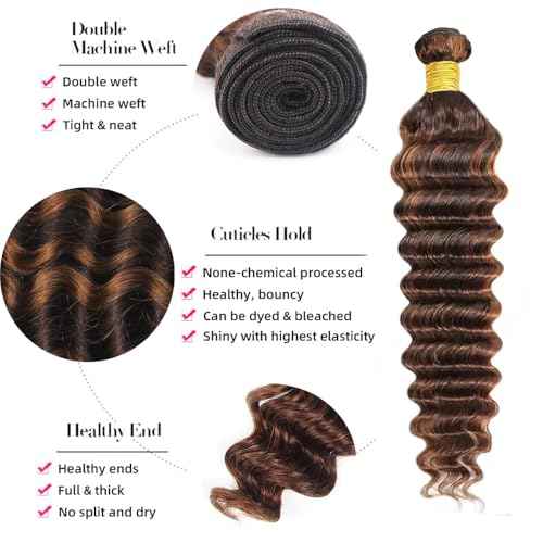 P430 Highlight Brown Bundles Human Hair Deep Wave Bundles 20 22 24 Inch Unprocessed Brazilian Virgin Remy Hair 3 Bundle Chocolate Deep Wave Human Hair Extensions 50 Gram Per Bundle