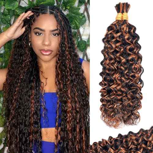 Belaved Human Braiding Hair Highlight 2 Bundles 100g 22 Inch Ombre Brown Water Wave Bulk for Braiding 100% Brazilian Virgin 1BP30 Curly Hair Extensions for Boho Braids Wet Wavy Micro