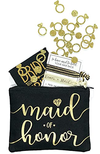 Bride Tribe Makeup Bags - Bridesmaid Favor for Bachelorette Party, Bridal Shower, Wedding. Cosmetics/Toiletries Bag, Wedding Survival Kit, Hangover Kit, Keepsake (1pc Maid of Honor, Black)