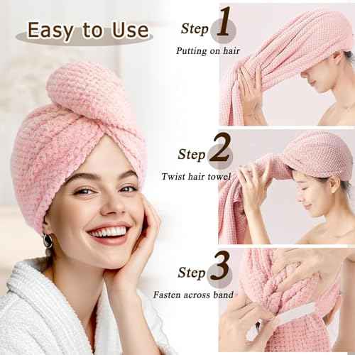 Large Microfiber Hair Towel Wrap & Satin Bonnet Set for Women, Ultra Absorbent Turban 24x42 Inches & Adjustable Night Cap for Curly Hair, Prevents Frizz & Breakage, Stocking Stuffers