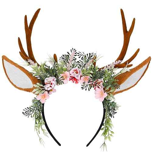 MOSTORY Handmade Antler Headband Brown - Adjustable Reindeer Horns Crown with Ears Fairy Flower Woodland Headpiece for Renaissance Christmas Cosplay Prom Fae Ball Costume Photo Prop
